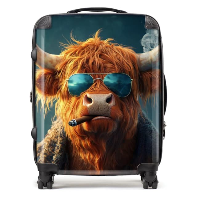Warren Reed - Designer Highland Cow With Glasses Suitcase in Blue Size: Large Blue Unisex Large