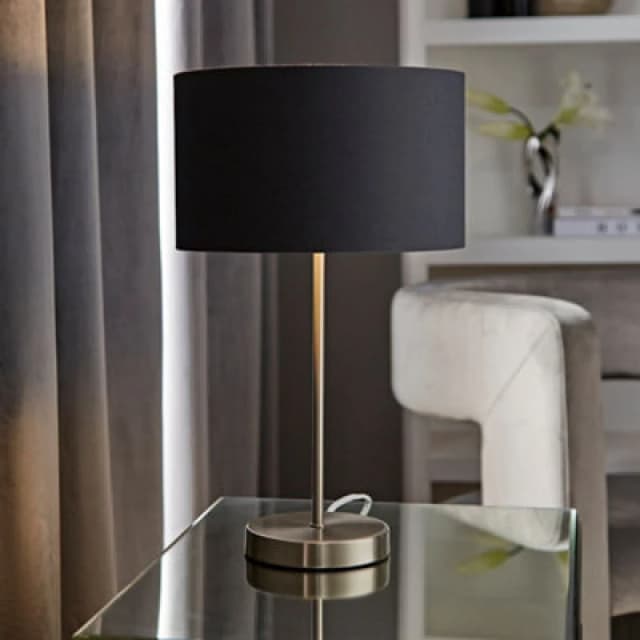 ValueLights ValueLights Charlie Chrome Stem Table Lamp with Fabric Drum with Chrome Inner Lamp Shade in Charcoal Charcoal One Size Unisex 505940606060