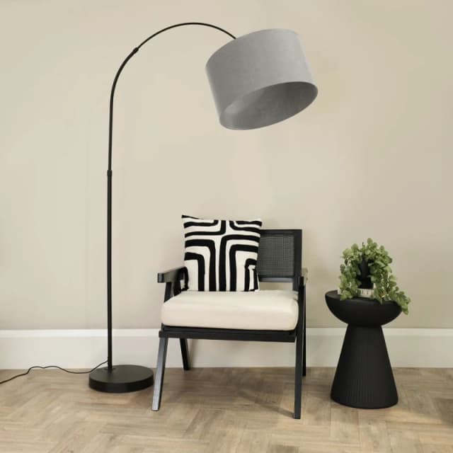ValueLights Louis Black Arched Curved Floor Lamp with Fabric Drum Lamp Shade Grey