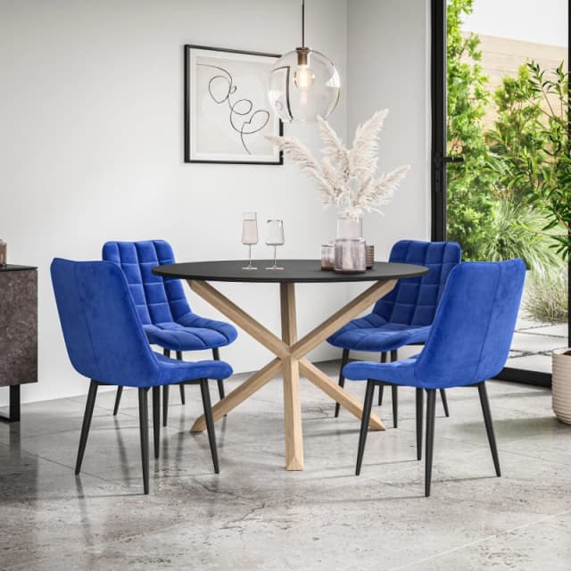 More4Homes Malvern Round Dining Table And Chairs - Black Table Top W Solid Oak Legs + Nova Velvet Dining Chair Set Of 4 (Blue)