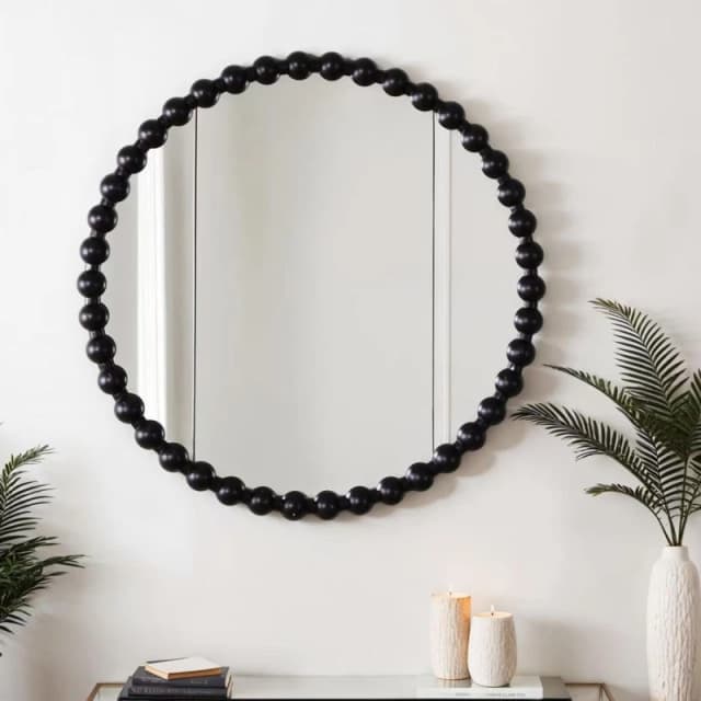 Home Garden Direct Como - Large Round Beaded Wall Mirror 90cm in Jet Black Jet Black Unisex