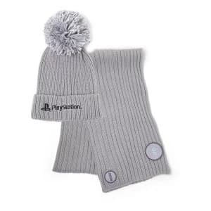Sony Playstation Logo Unisex Bobble Beanie & Ribbed Scarf Gift Set - Grey