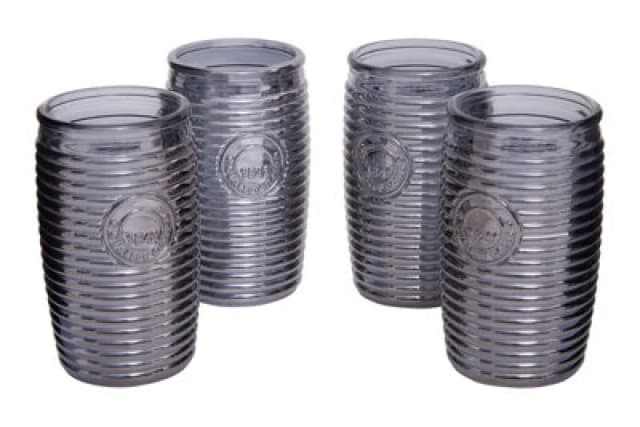 Orsina Set Of 4 Grey Ribbed Glass Tumblers, Stylish Set Of 4 Glasses, Ribbed Glassware Set, Grey Drinking Glasses