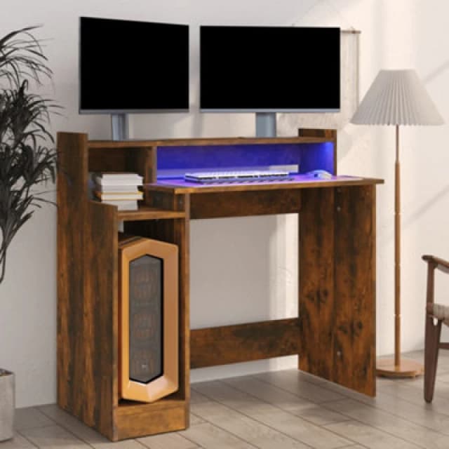 vidaXL Desk with LED Lights Smoked Oak 97x45x90cm Engineered Wood, Brown 820475