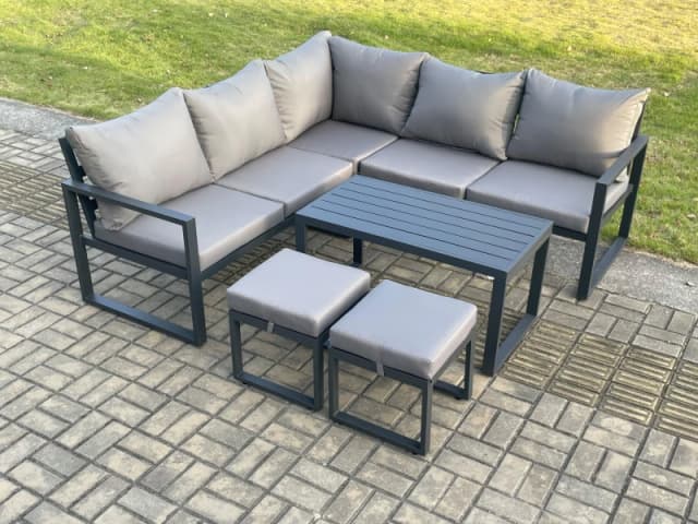 Fimous Aluminium Outdoor Garden Furniture Set Lounge Sofa Coffee Table Sets with 2 Small Footstools Indoor Conservatory Set Dark Grey Dark Grey Unisex