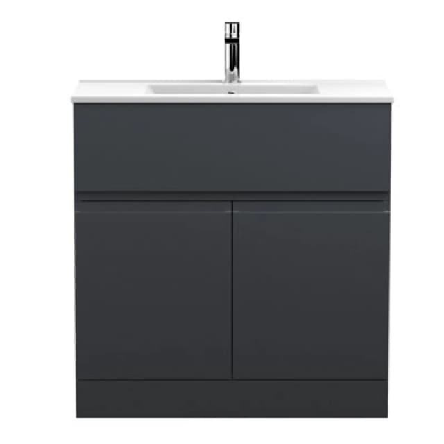 Hudson Reed Urban Floor Standing 2 Door 1 Drawer Vanity Unit With Minimalist Basin, Modern Vanity Unit In Soft Black, 800mm