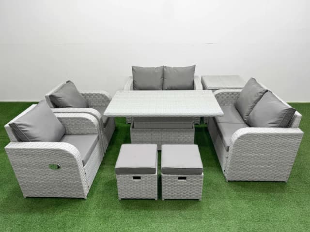 Fimous 8 Seater Outdoor Reclining Chair Love Sofa Set Rattan Garden Furniture Set with Adjustable Lifting Dining or Coffee Table 2 Stools Side Table L