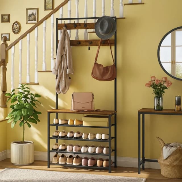 Storvo Coat Rack Stand With 5 Tier Shoe Bench in Brown Brown Unisex