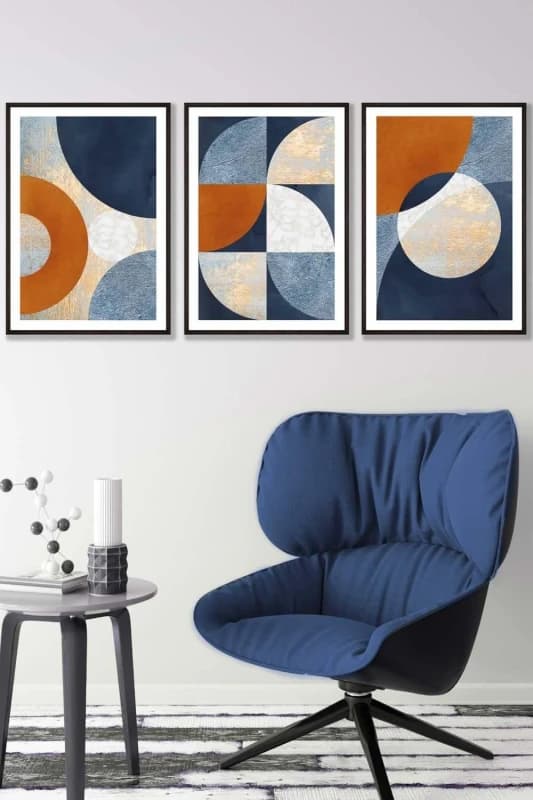 ARTZE Geometric Abstract Textured Circles in Navy Blue Orange Gold Framed Wall Art - Medium in Black Size: W45cm x H62cm x D20mm Black Unisex W45