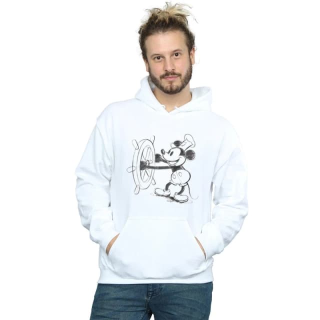 Disney Men Mickey Mouse Steamboat Sketch Hoodie in White Size: Small White S Male 5059114520251