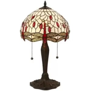 Tiffany Glass Table Lamp Light Dark Bronze & Cream Red Dragonfly Shade i00189