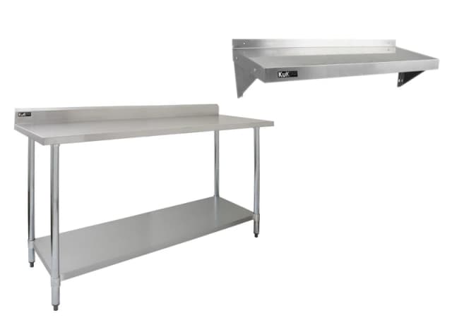 MonsterShop 6ft Stainless Steel Catering Bench & 2 X Wall Mounted Shelves