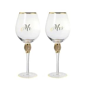 Mr&Mrs Diamante Wine Glass Gold By Lesser & Pavey