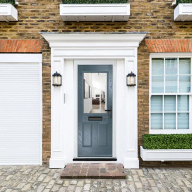 Lacerta Composite Door Lytham 7015 Grey 920mm X 2090mm Open In Left Hand Clear Glass 10 Year Guarantee - Free Delivery & Smart Lock