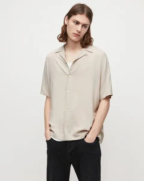 AllSaints Herren Venice Kurzarm Hemd, Beige, Große: XXL