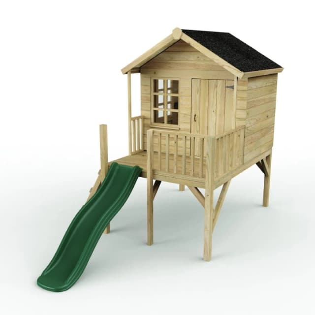 Rebo 5ft x 5ft Wooden Garden Playhouse on Deck with 6ft Slide - Pheasant Green Natural