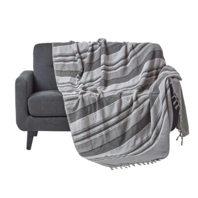 Homescapes Cotton Morocco Striped Grey Throw, 150 X 200 Cm