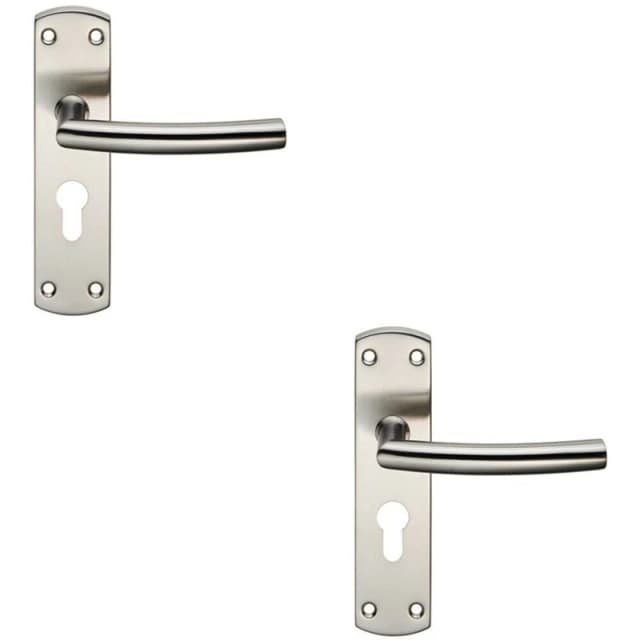 Loops 2x Curved Bar Lever Door Handle on Euro Lock Backplate 172 x 44mm Satin Steel Metallics