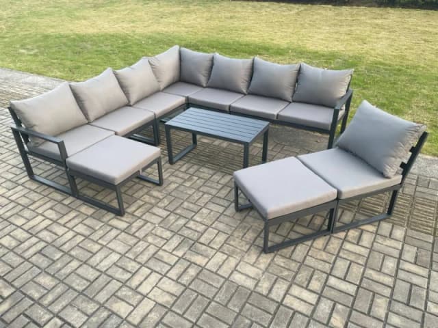 Fimous Aluminium 10 Seater Patio Outdoor Garden Furniture Lounge Corner Sofa Set with Oblong Coffee Table 2 Big Footstools Dark Grey Dark Grey Unisex