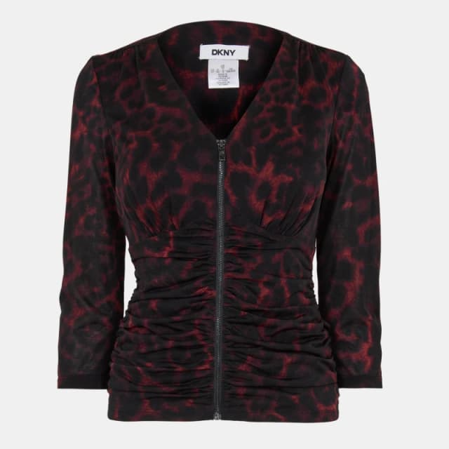 DKNY Womens Long-Sleeve Zip T-Shirt Merlot Cheetah female 8 (XS)