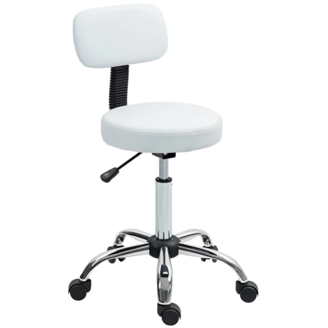 HOMCOM Rolling Stool with Backrest, Wheels, Faux Leather Salon Chair White