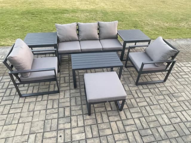 Fimous Aluminium Outdoor Furniture Set 6 Seater Garden Sofa with Oblong Coffee Table Big Footstool 2 Armchairs 2 Side Tables Dark Grey Dark Grey Unise