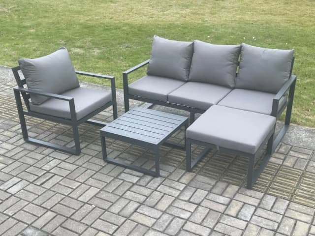 Fimous Aluminium Outdoor Garden Furniture Set Lounge Sofa Chair Square Coffee Table Sets with Big Footstool Dark Grey Dark Grey Unisex