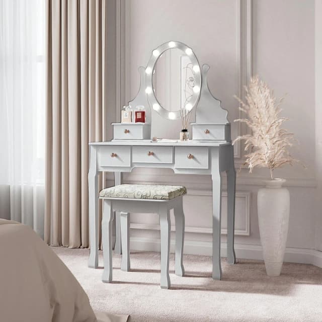 CARME HOME Ruby Rozanna Grey Vanity Dresser Stool Set with Hollywood LED Mirror Lights Grey