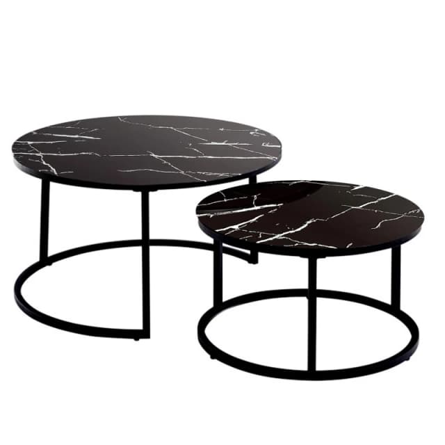KOSY KOALA Round Coffee Table Set of 2 Nest of Tables Marble Glass Coffee Table Living Room Black
