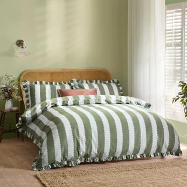 Wylder Birdie Stripe Ruffle Duvet Set, Bay Green/mist, Double