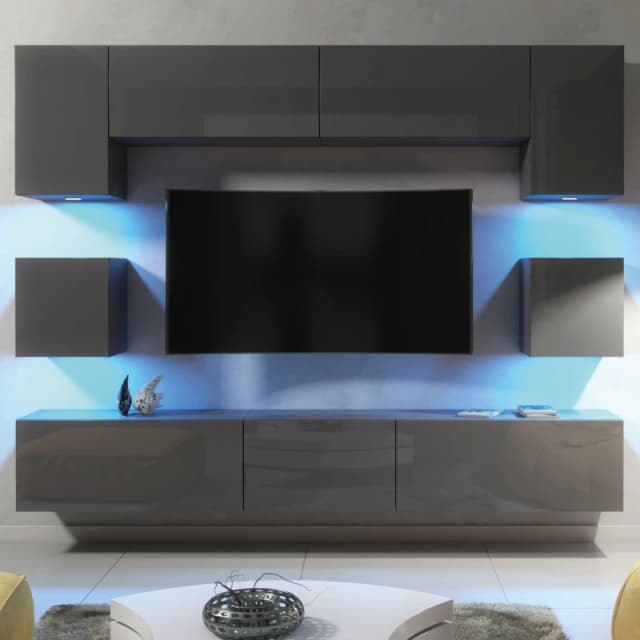Mex Furniture LTD TV Wall Unit with LED Lighting & Gloss Doors / 242cm in Dark Grey Dark Grey Unisex