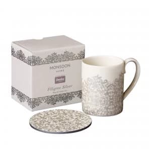 Denby Monsoon Filigree Silver Mug and Coaster Set