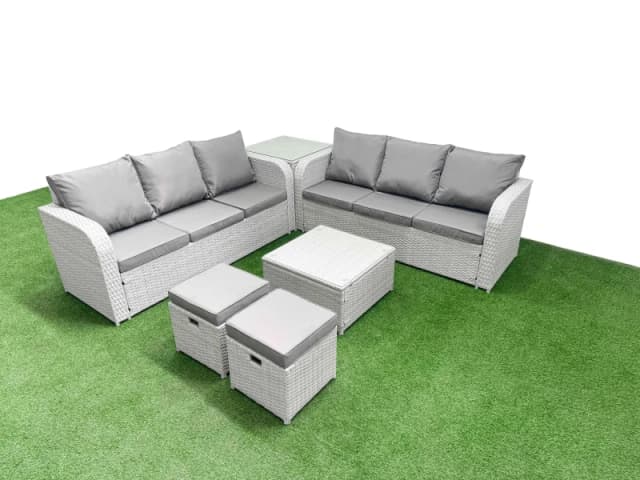 Fimous Outdoor Garden Furniture Sets 8 Seater Wicker Rattan Furniture Sofa Sets with Square Coffee Table high Back Lounge Sofa Stools Side Table Light