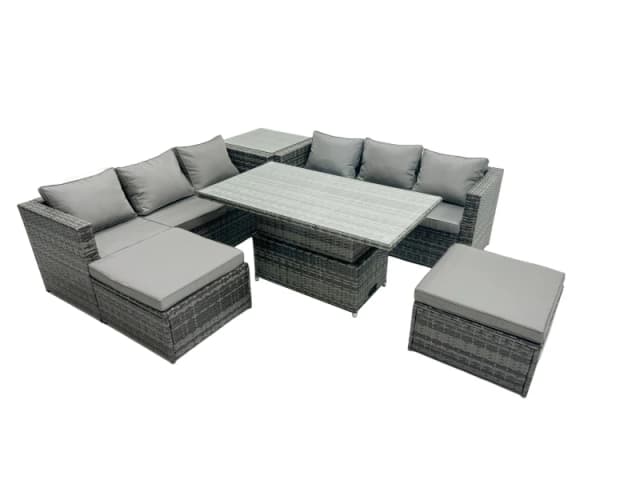 Fimous Rattan Dining Table Sofa Set with Side Table 2 Stools Outdoor 8 Seat in Dark Grey Dark Grey Unisex