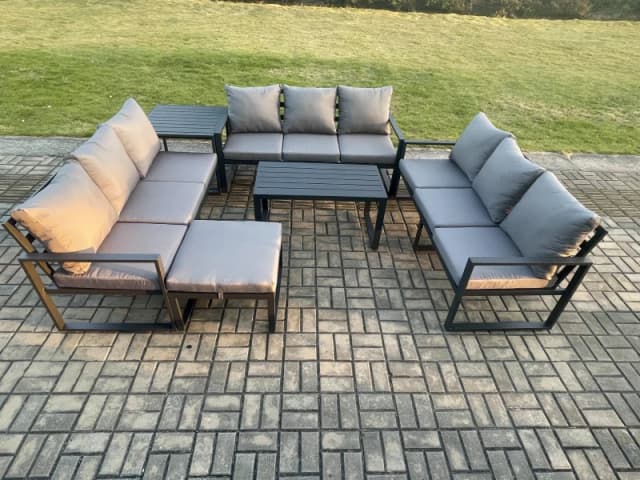 Fimous Aluminium 10 Seater Outdoor Garden Furniture Set Lounge Sofa Oblong Coffee Table Big Footstool Side Table Sets in Dark Grey Dark Grey Unisex