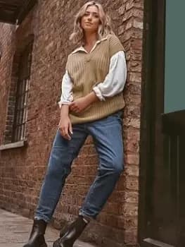 Yours V Neck Side Split Vest Oatmeal, Natural, Size 18-20, Women