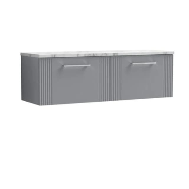 Nuie Deco Wall Hung 2-Drawer Vanity Unit & Carrera Marble Laminate Worktop, Counter Top Vanity Unit In Satin Grey, 1200mm