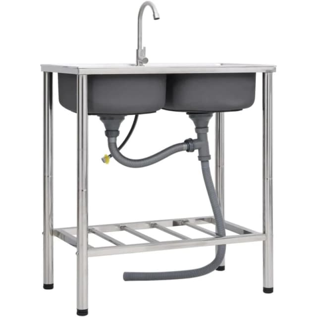 VIDAXL Camping Sink Double Basins with Tap Stainless Steel Vidaxl 8720286647868