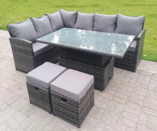 Fimous 6 Seater Outdoor Dark Grey Rattan Lounge Complete Sofa Set with Adjustable Table and 2 Stools