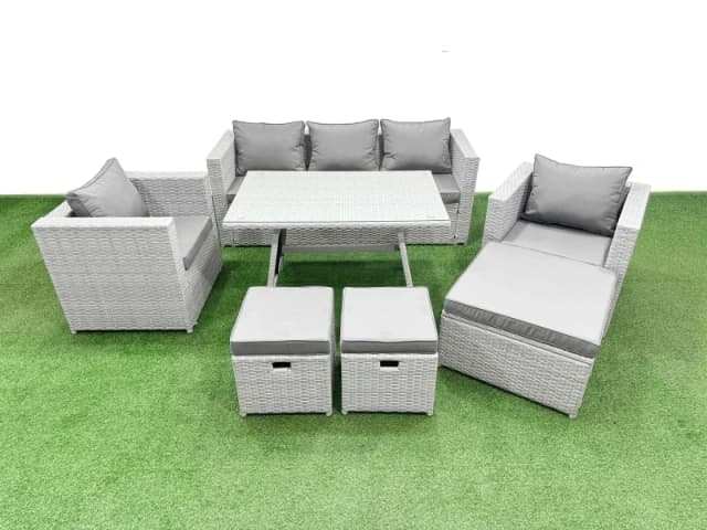 Fimous 8 Pieces Outdoor PE Rattan Sofa Armchair Set with 3 Stools Light Grey Light Grey Unisex