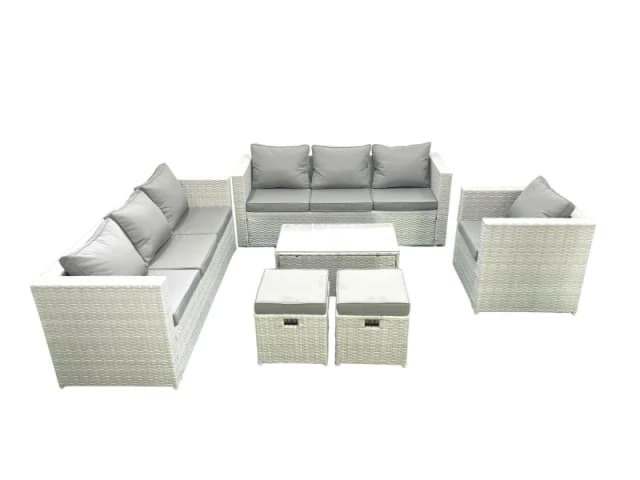 Fimous Wicker PE Rattan Sofa Garden Furniture Set with Armchair Oblong Coffee Table 2 Small Footstools Light Grey Mixed Light Grey