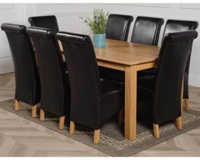 Thats Furniture Oslo 180 x 90cm Large Oak Dining Table & 8 Montana Leather Chairs in Black Unisex 180 x 90 cm