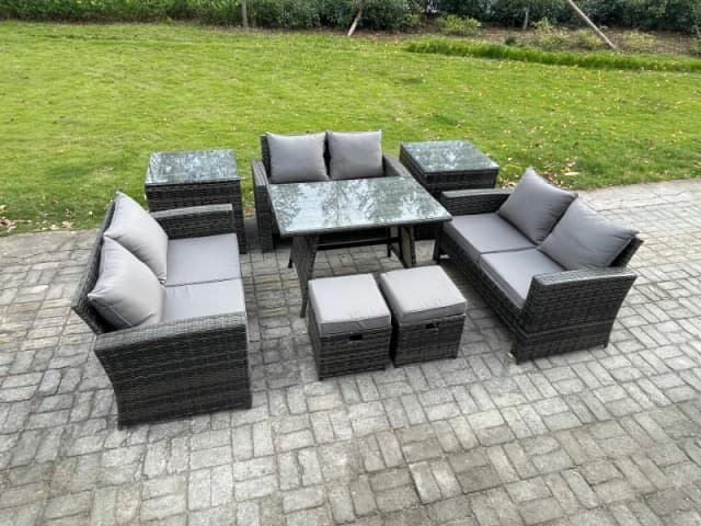 Fimous Outdoor Lounge Sofa Set Wicker Pe Rattan Garden Furniture Set With Rectangular Dining Table For Garden