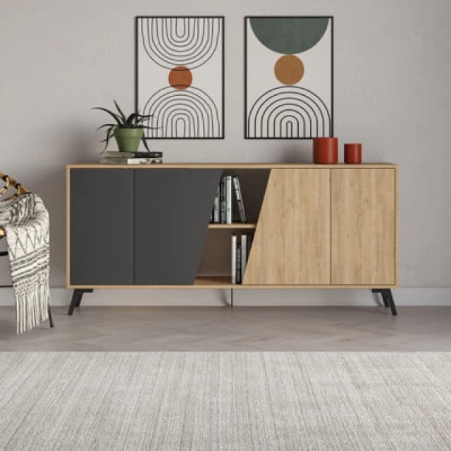 Decortie Modern Fiona Console Sideboard Storage Cabinet 180(W)Cm Oak, Anthracite Grey