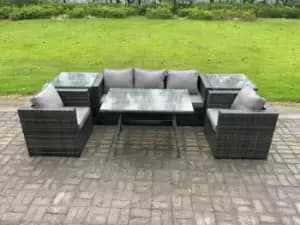 Fimous 5 Seater Outdoor Dark Grey Rattan Lounge Complete Sofa Set with Oblong Dining Table