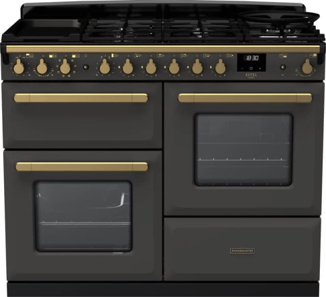 Rangemaster Estel Deluxe ESDLO110DFPSLT/AB1 110cm Dual Fuel Range Cooker - Slate / Antique Brass - A/A Rated
