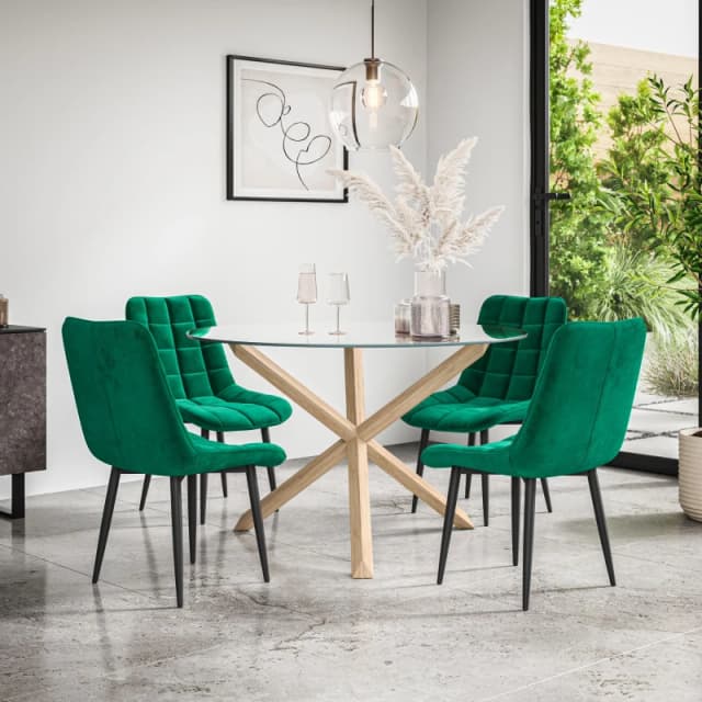 More4Homes Malvern Round Dining Table And Chairs - Clear Glass Table Top W Solid Oak Legs + Nova Velvet Dining Chair Set Of 4 (Green)