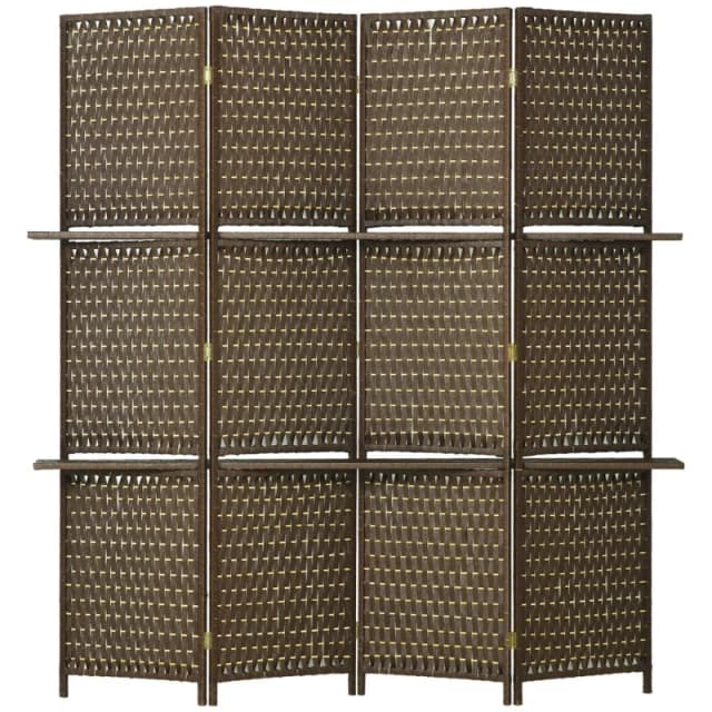 HOMCOM 4 Panel Folding Wall Divider Room with Shelves Privacy Screen Panels Brown