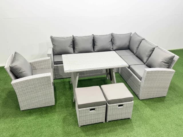 Fimous 9 Seater Garden Outdoor Rattan Furniture Set Dining Table & Armchair in Light Grey Light Grey Unisex