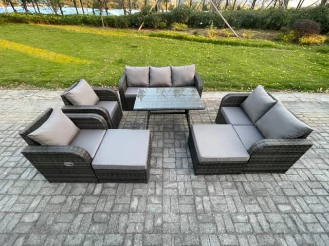Fimous Rattan Garden Furniture Dining Set 9 seater Patio Rectangular Table 2 Big Footstool Love Sofa Dark Grey Mixed Dark Grey